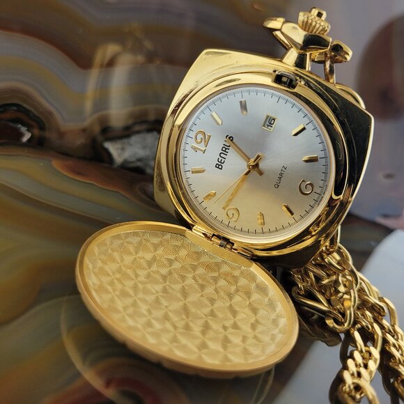 BENRUS Gold Pinstripe Square Pocket Watch - Picture 2 of 3